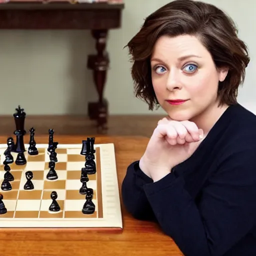 Image similar to rachel bloom playing chess against george w. bush