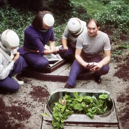 Prompt: humans on the floor eating out of a trough in an organic plant - based moonbase