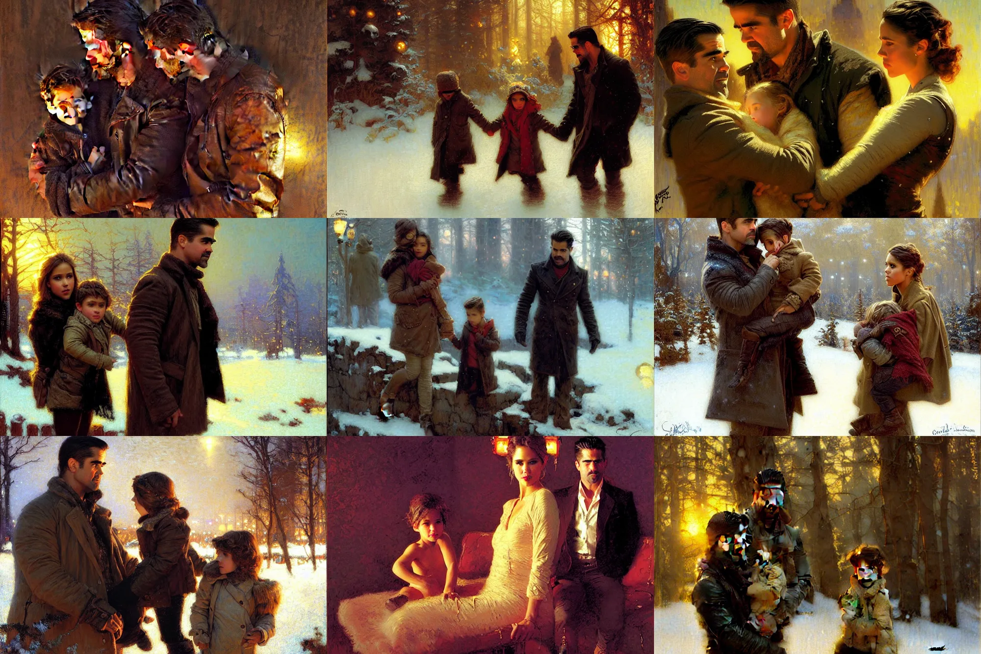 Prompt: winter, colin farrell with jessica alba, with their son, neon light, painting by gaston bussiere, craig mullins, j. c. leyendecker