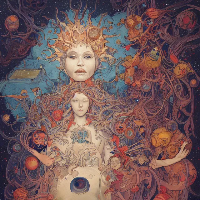 Image similar to a painting of the mothers of the sun by james jean, dark fantasy art, high detail, trending on artstation