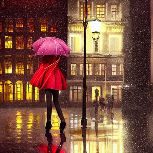 Prompt: of london in the night in the rain with city reflections and a beautiful women with an umbrella artistic digital art lots of detail cinematic uplighting