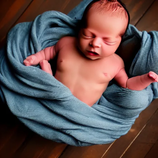 Image similar to a newborn baby with huge muscles bodybuilder, rippling muscles, huge veins, bulging muscles, ripped, flexing, intense expression, award winning photography, high detail