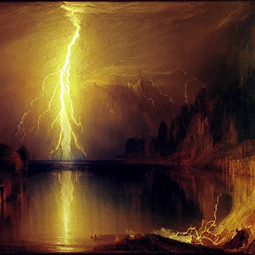 Prompt: river of lightning beneath a full moon, thomas cole, j.m.w. turner, howard hawks