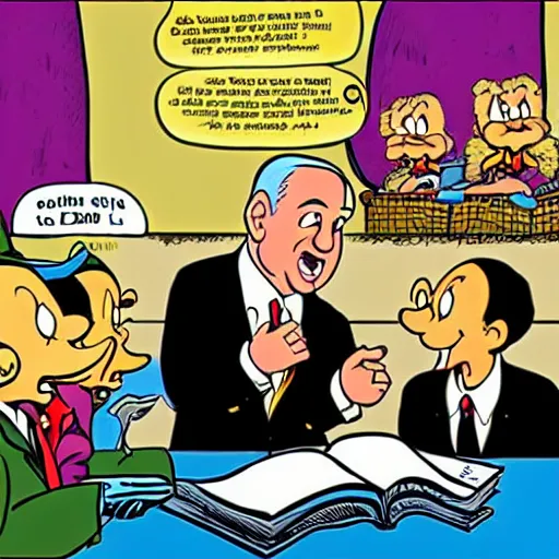 Prompt: Benjamin netanyahu goes to school, cartoon by Carl Barks