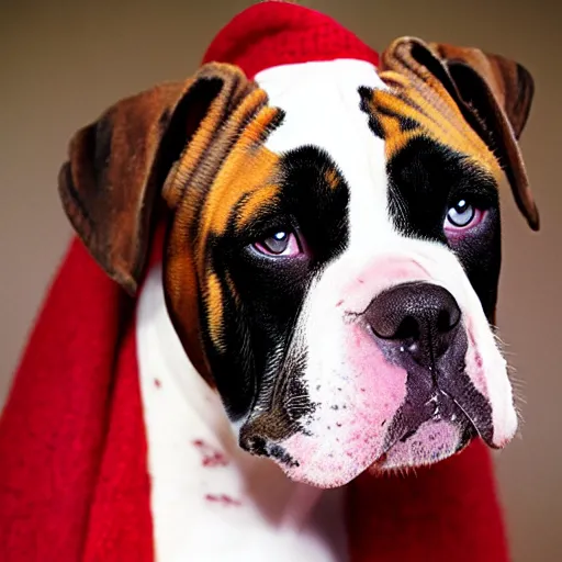 Prompt: portrait of american bulldog as afghan puppy, green eyes and red scarf looking intently, photograph by steve mccurry