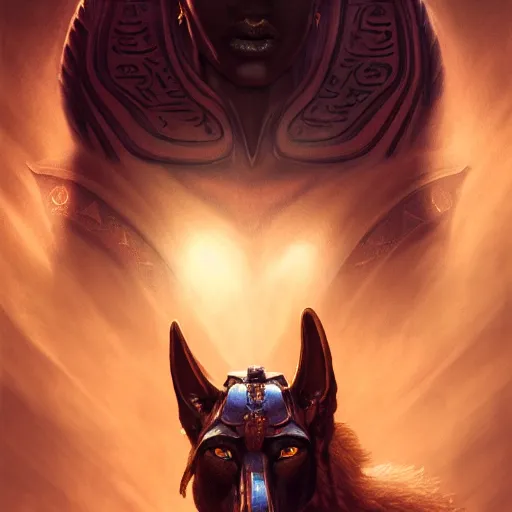 Prompt: Majestic gracious powerful Anubis female warrior portrait, atmospheric lighting, painted, intricate, volumetric lighting, beautiful, rich deep colors masterpiece, golden hour, sharp focus, ultra detailed, by Leesha Hannigan, Ross Tran, Thierry Doizon, Kai Carpenter, Ignacio Fernández Ríos