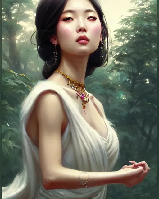 Image similar to a beautiful taiwan goddess with sundress with jewelry | | winter, realistic shaded, unpleasant face, good looking, fine details, realistic shaded lighting poster by greg rutkowski, magali villeneuve, artgerm, jeremy lipkin and michael garmash and rob rey