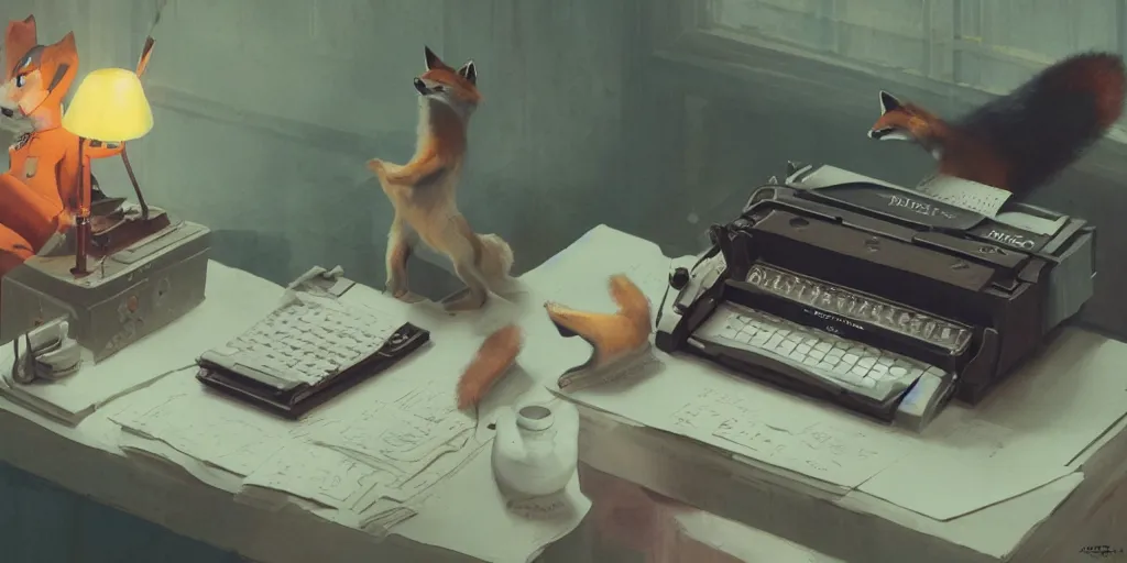 Image similar to fox using an olivetti to write a script but he ’ s not sure about it so far, character sheet, colorful, contrast, 3 d scene, greg rutkowski, zabrocki, karlkka, jayison devadas, trending on artstation, 8 k, ultra wide angle, zenith view, pincushion lens effect