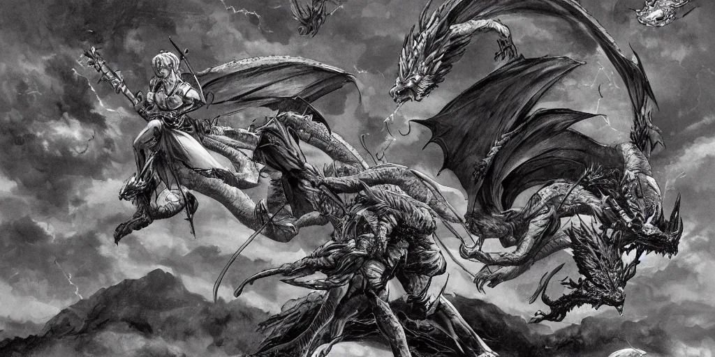 Image similar to archer. dragon. night sky. moon. mountain. dark fantasy. high resolution. epic fight. detailed. digital art. artstation. by kentaro miura