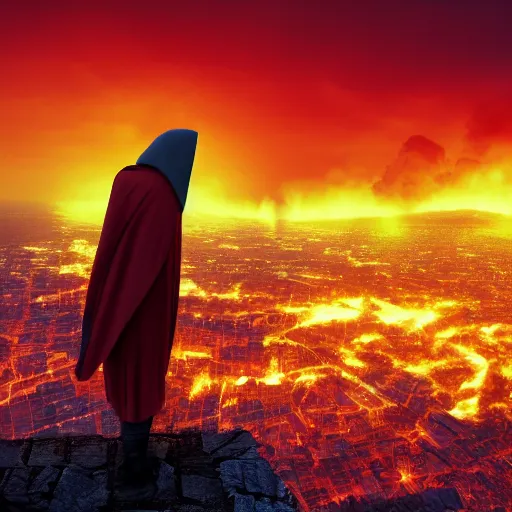 Prompt: Red grim reaper watching over a city in flames, yellow sky, 8k resolution