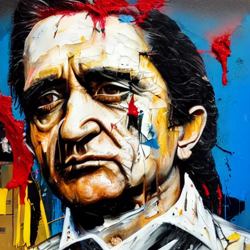 Prompt: hyperrealistic, photorealistic, mixed media oil painting of johnny cash, magazine scraps, plaster, blood, oil, mustard, cigarettes, splatter, trending on artstation, award - winning painting, greg rutkowski, basquiat, ralph steadman, terry gilliam