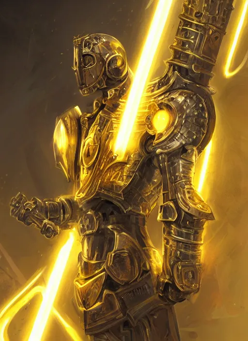 Image similar to dynamic attack position abstract portrait of a intricate glorious holy mechanical warforged character in yellow armor holding a paladin engraved great longsword drawn and carrying a big paladin shield, PAR can lighting , face in focus, epic , trending on ArtStation, masterpiece, cinematic lighting, by Ross Tran and by Greg Rutkowski