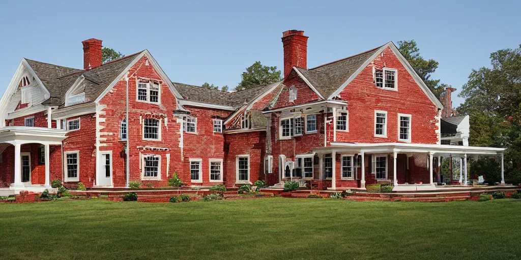 Image similar to red brick wooden cape cod with wood and tile white black mansion by mcalpine house, by jackson & leroy architects