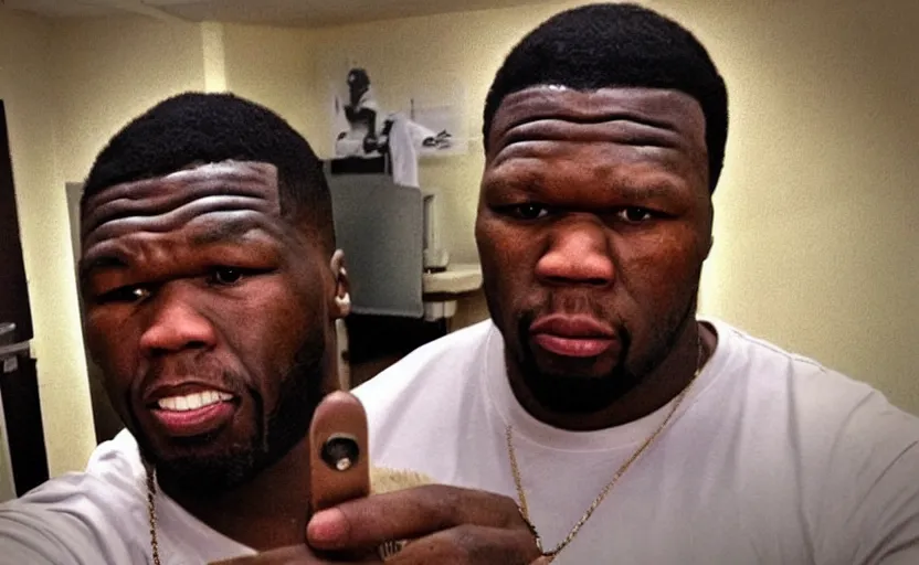 Image similar to portrait of my uncle look like 50 Cent if he was poor asf lmao, close-up, one person in frame, photo, not a selfie, portrait, uncomfortable, funny, phone quality, camera flash on, viral photo, viral on instagram