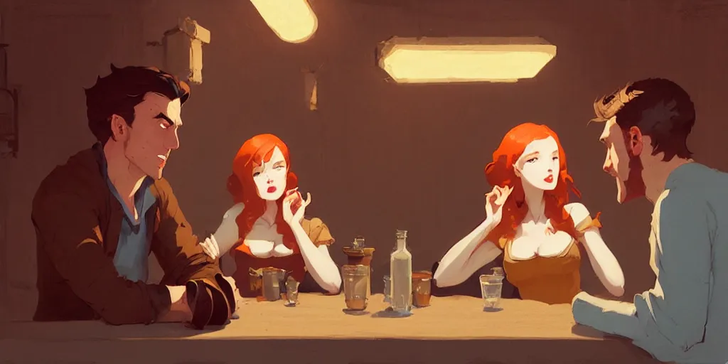 Image similar to scene of brunette man with a beautiful ginger woman talking in a tavern by atey ghailan, by greg rutkowski, by greg tocchini, by james gilleard, by joe fenton, by kaethe butcher, dynamic lighting, gradient light blue, brown, blonde cream and white color scheme, grunge aesthetic