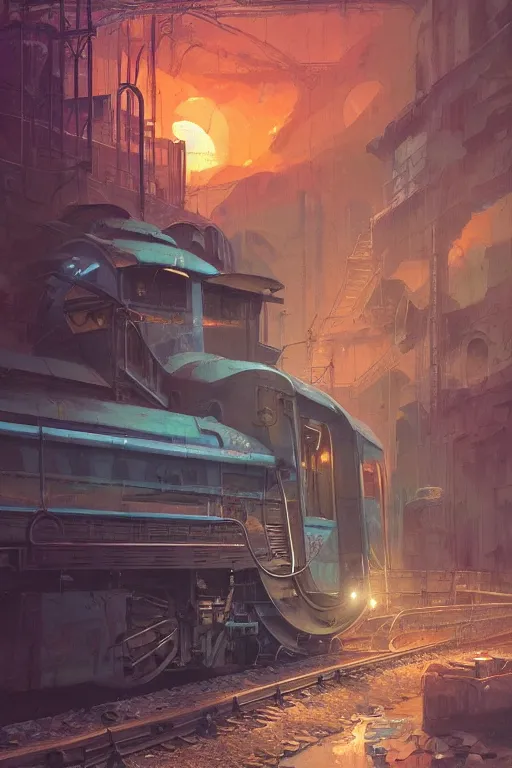 Image similar to trains covered in graffiti, greg rutkowski, and moebius and loish and artgerm, painterly, illustration, sunset lighting, beautiful artist rendering, gorgeous