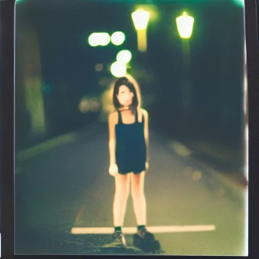 Prompt: portrait of a girl in the city street at night, bokeh, long exposure, polaroid sx - 7 0 instant film