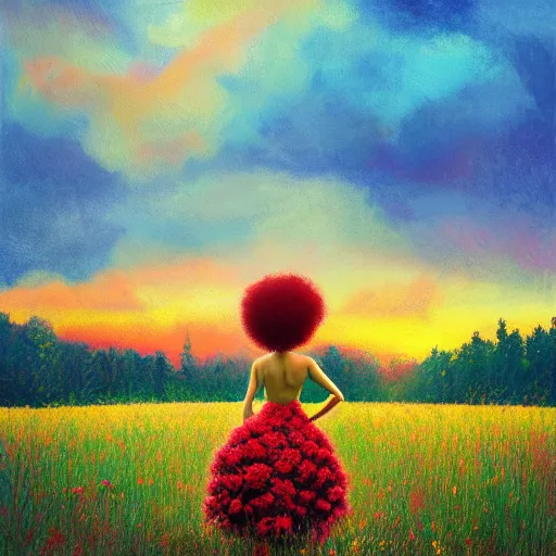 Prompt: large red flower afro, girl standing in a field with flowers, surreal photography, hills, big trees, sunrise dramatic light, impressionist painting, colorful clouds, digital painting, pointillism, artstation, simon stalenhag