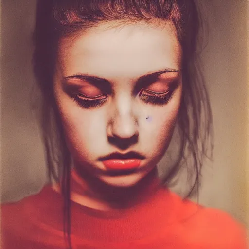 Image similar to a photo of a young woman. moody and melanchonic. red, yellow