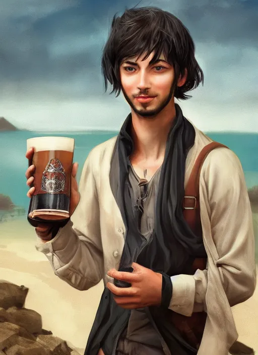 Image similar to Young man, slim, short black hair, pale, wearing a haramaki, holding a tankard of ale, digital art, realistic, Pathfinder, detailed, trending on artstation, sea in the background as drawn by Wayne Reynolds