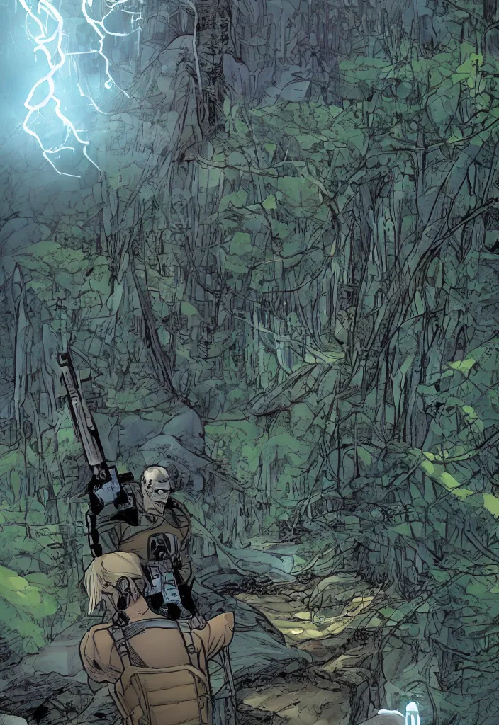 Image similar to A comic book cover of an android soldier with back to the camera, in a forest made of crystal, looking across a vast chasm and old rope bridge. On the mountain facing him is a crystal temple with a tower glowing in the fog