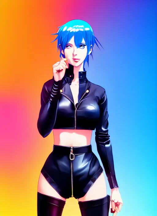 Image similar to hyper realistic photograph portrait of pretty girl with blue hair, wearing a full leather outfit, holding a whip, dramatic lighting by makoto shinkai, ilya kuvshinov, lois van baarle, rossdraws, basquiat