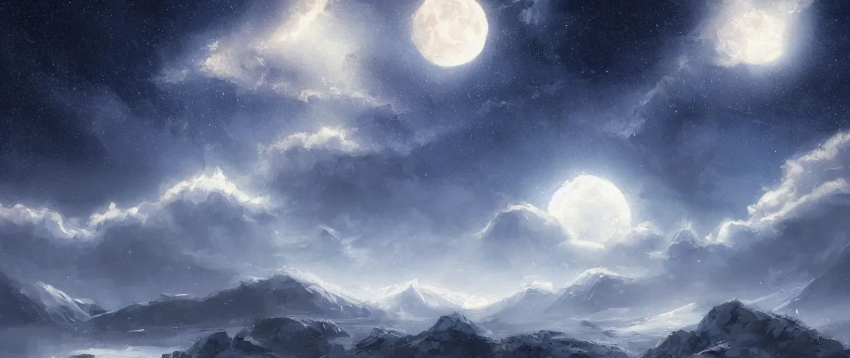 Image similar to snowy mountain range, stars in sky, whales swimming in sky, digital painting, concept art, high detail, style of Jordan Grimmer, fluffy calm clouds, matte painting, high res, moon shine, volumetric, starry sky