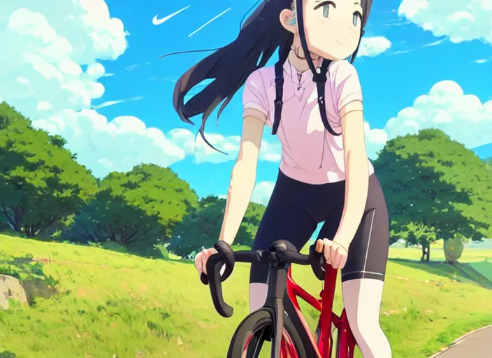 Image similar to portrait of cute girl riding road bike, sunny sky background, lush landscape, illustration concept art anime key visual trending pixiv fanbox by wlop and greg rutkowski and makoto shinkai and studio ghibli and kyoto animation, symmetrical facial features, sports clothing, red road bike helmet, nike cycling suit, backlit, aerodynamic frame, gta 5