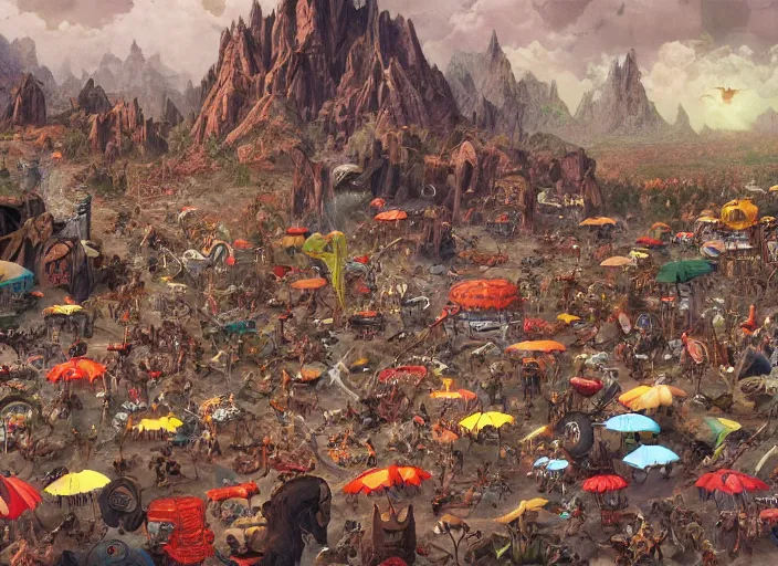 Prompt: where's waldo, lowbrow, matte painting, 3 - d highly detailed, in the style of frank frazetta,