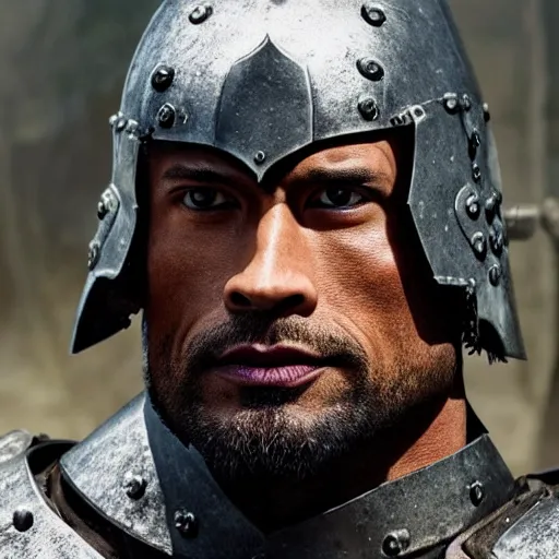 Prompt: medieval fantasy head and shoulders portrait of dwayne the rock johnson as a heavily armored paladin, photo by philip - daniel ducasse and yasuhiro wakabayashi and jody rogac and roger deakins