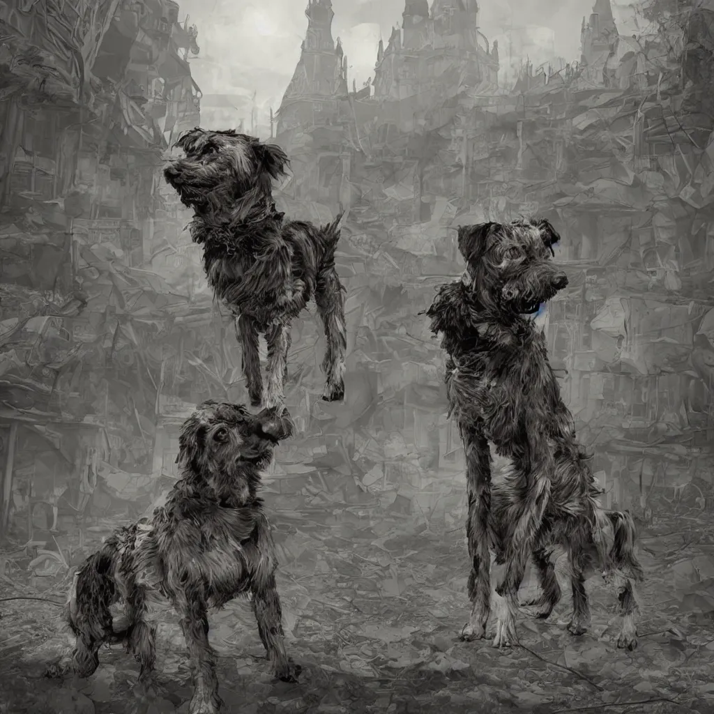 Prompt: post apocalyptic dog in moscow, digital art