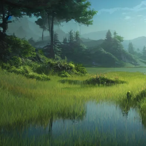 Prompt: concept art painting of a marsh swamp on top of a mountain above a forest valley, realistic, detailed, cel shaded, in the style of makoto shinkai and greg rutkowski and james gurney