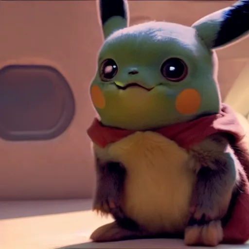 Image similar to a film still of baby pikachu in the mandalorian