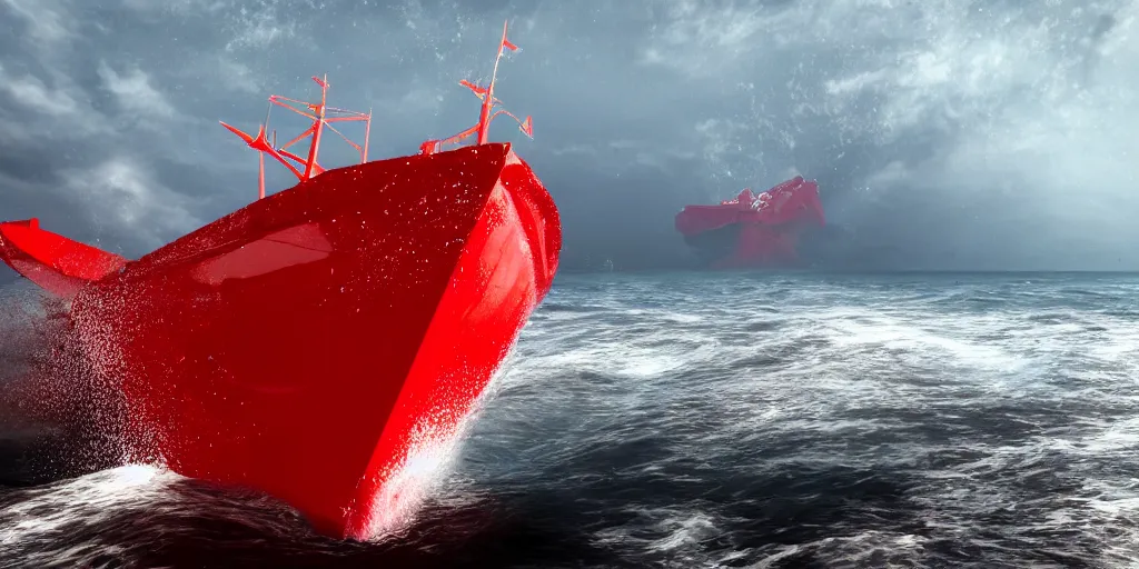 Prompt: a red ship was caught in a tsunami wave at sea ， closeup view ， front view ， 3 d render