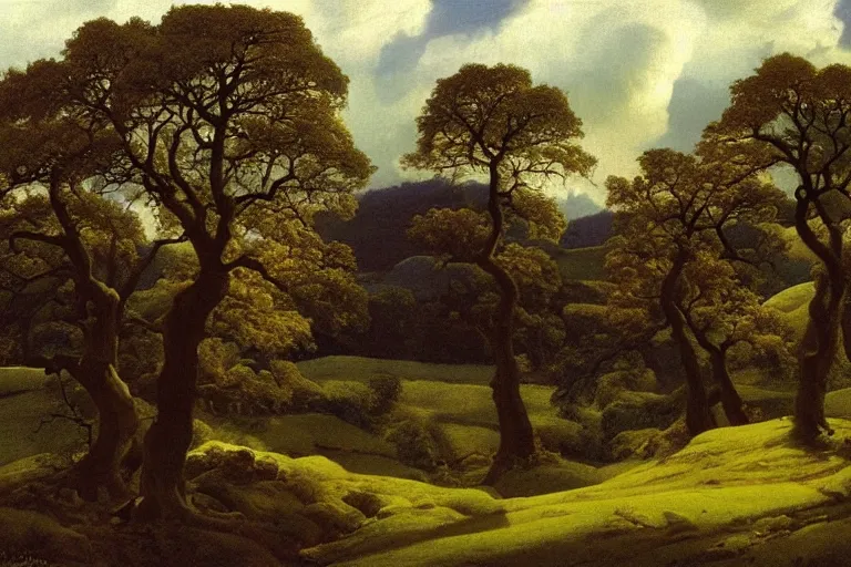 Prompt: masterpiece painting of oak trees on a hillside overlooking a creek, dramatic lighting, by william dyce