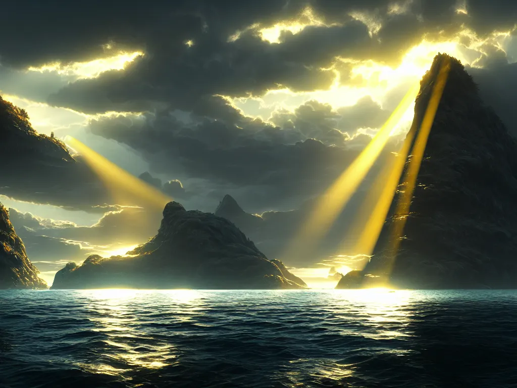 Image similar to god rays reflecting in the sea, dramatic lighting, cinematic, establishing shot, high detail, cinematic lighting, post processed, 8k, concept art, artstation, matte painting, in the style of eddie mendoza, raphael lacoste, alex ross