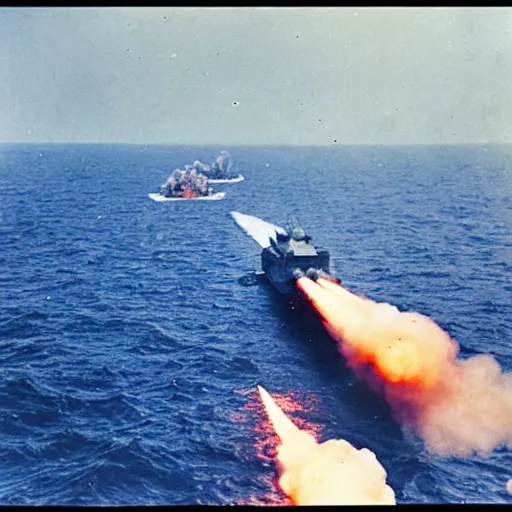 Image similar to view from the deck of a batteship firing a broadside, kamikaze planes diving, world war ii, high resolution colour photo