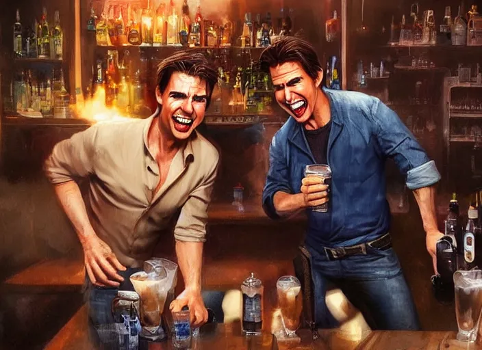 Prompt: hyper realistic tom cruise hanging out with tom cruise at a bar, all overly excited, jaw unhinged with laughter and smiling, all teeth, by greg rutkowski, scott m fischer, artgerm, loish, slight glow, atmospheric, anne stokes, alexandros pyromallis