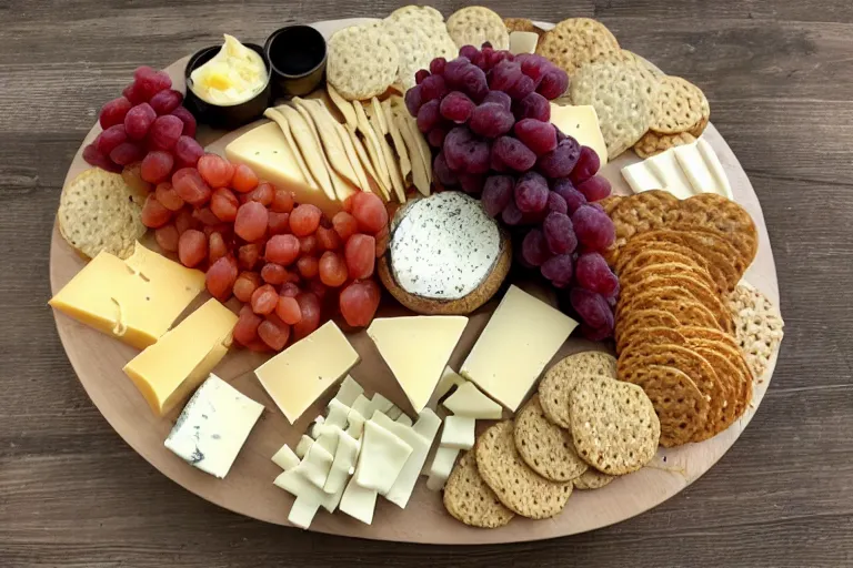 Prompt: A large cheese platter with crackers