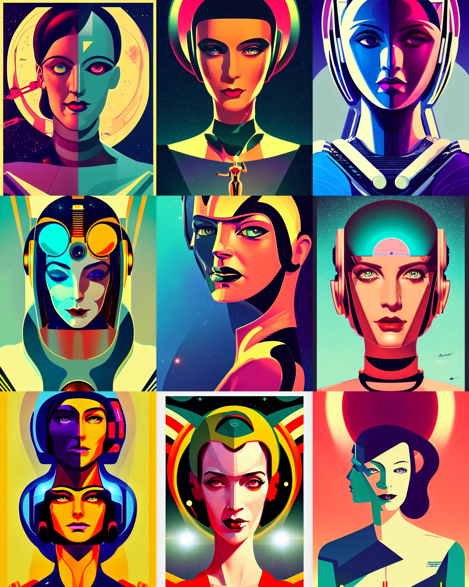 Prompt: art deco poster of android amanda pays 2 2 years old space woman, half robot and half woman, retro futurism, solaris, half portrait by stanley artgerm, dramatic lighting, ilya kuvshinov, trending on artstation, flat colour, geometric curves, gradient filter, pleasing tone colours