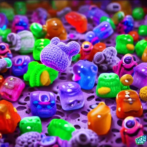 Image similar to an eldritch candy land full of crocheted gummy bears, ultra realistic, artstation, unreal engine, highly detailed, realistic lighting, dynamic shading