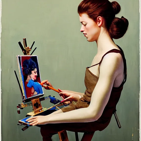 Image similar to robot artist painting a self - portrait on a canvas. intricate, highly detailed, photorealistic, film still, by alexandros pyromallis, gil elvgren, sachin teng, hans thoma.