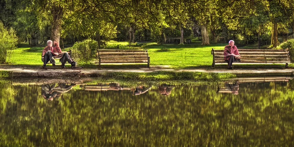 Image similar to mathematician and a philosopher sitting on a bench in front of a pond, intricate detailed reflection, HDR,