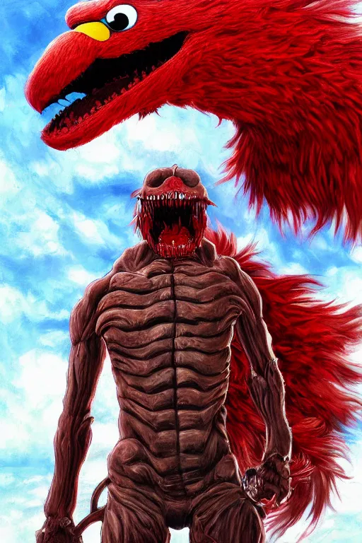 Prompt: elmo as a Titan from Attack on Titan, oil on canvas, intricate, portrait, 8k highly professionally detailed, HDR, CGsociety