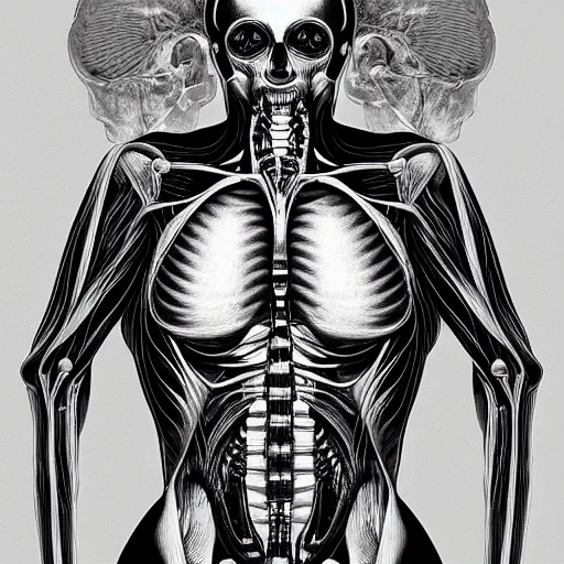 Image similar to medical anatomical study of a very strange alien creature, photograph, black and white,