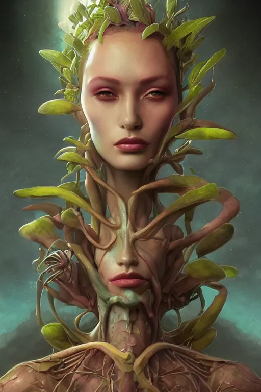 Image similar to digital portrait of an eloquent alien plant queen, straight on, full body character concept art, concept art, by artgerm, tom bagshaw, gerald brom, vaporwave colors, lo fi colors, vaporwave, lo fi, 4 k, hd, rendered with substance designer, small details,