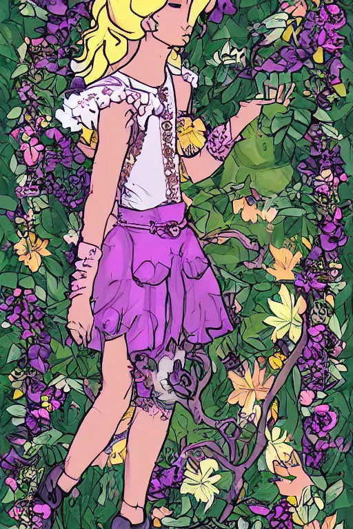 Image similar to runaway teen fashion zine from a fantasy world, floral