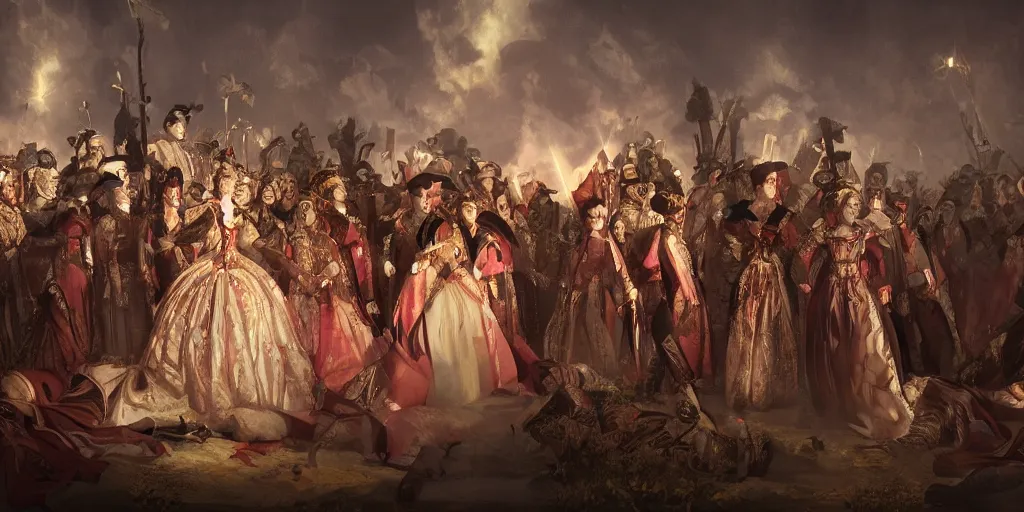 Image similar to Empress Sisi in a group of angry peasants at night, epic lighting, digital art