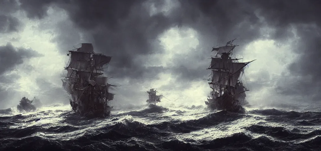 Image similar to wild ocean storm at night, old wooden pirate ship battle, appearing from fog, mist, dramatic lighting, cinematic, establishing shot, extremly high detail, foto realistic, pirates of the carribean, cinematic lighting, post processed, concept art, artstation, matte painting, style by eddie mendoza, raphael lacoste, alex ross