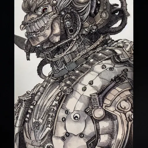 Image similar to prompt: portrait drawn by Katsuhiro Otomo, inspired by Warhammer characters, magical and alchemical objects on the side, soft light, white background, intricate detail, intricate ink painting detail, sharp high detail, manga and anime 2000